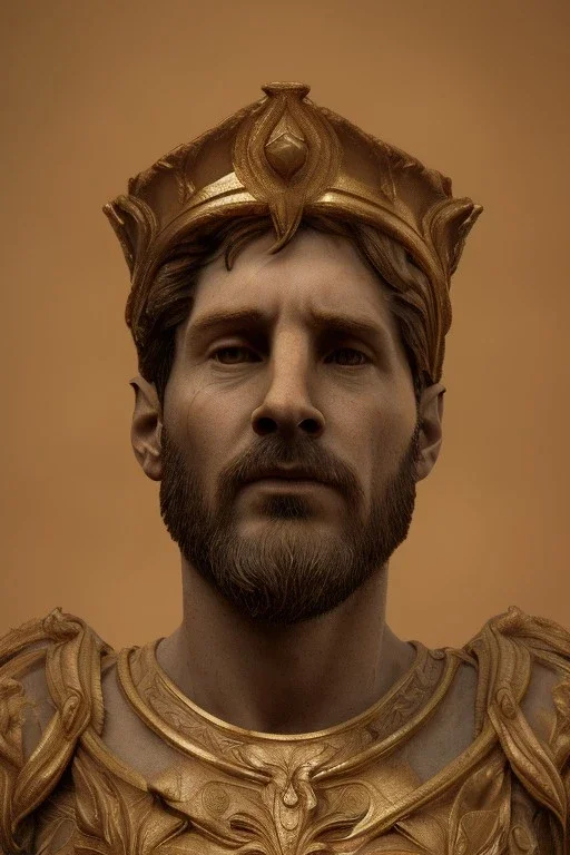 Realistic image, classic sculpture made in marble with gold veins, Lionel messi, gold laurel leaves crown, waist up portrait,marble material, gold ornaments, Renaissance style, sun rays background, epic, celestial, cinematic lighting, God lights, 4k resolution, smooth details, soft lighting, unreal engine 5, art station, substance 3d.