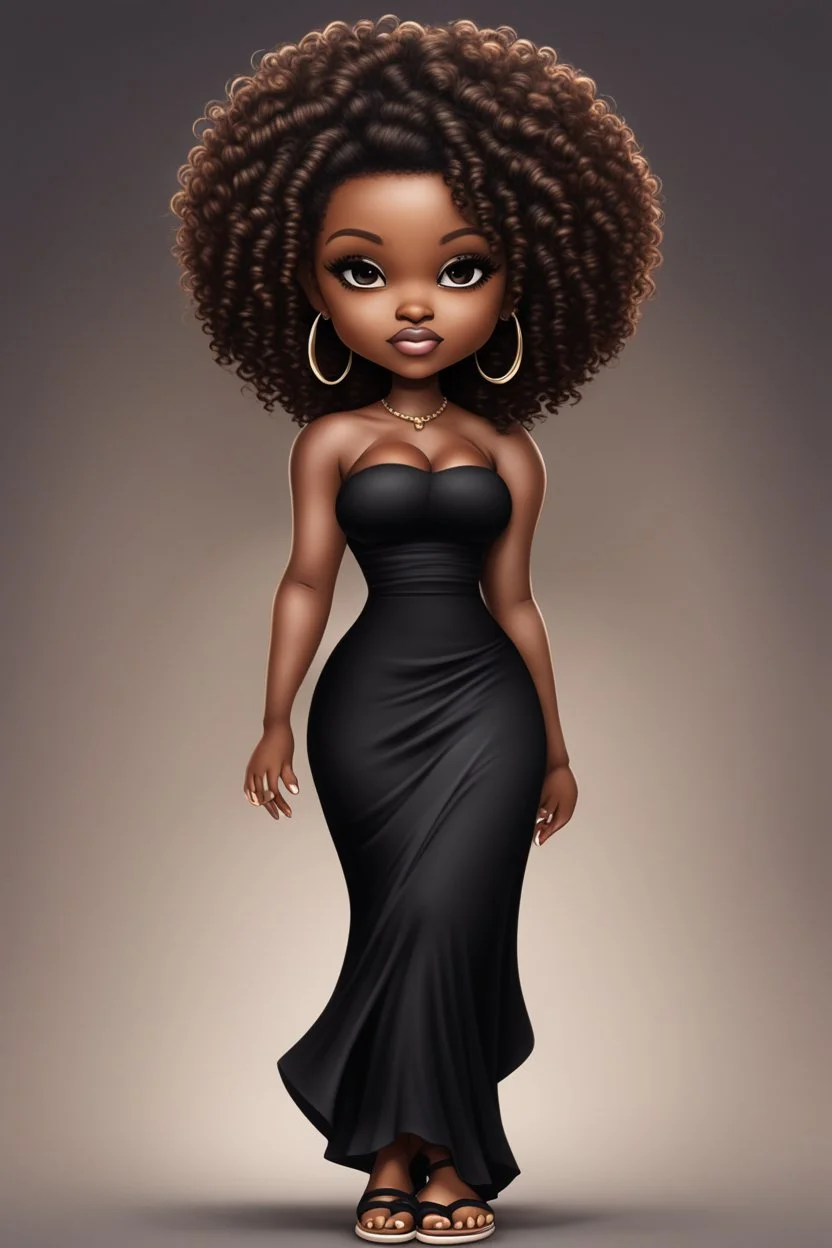 create a digital airbrush image of a chibi curvy black female wearing a black maxi dress and black sandals. Prominent make up with brown eyes. Highly detailed wild tight curly afro.