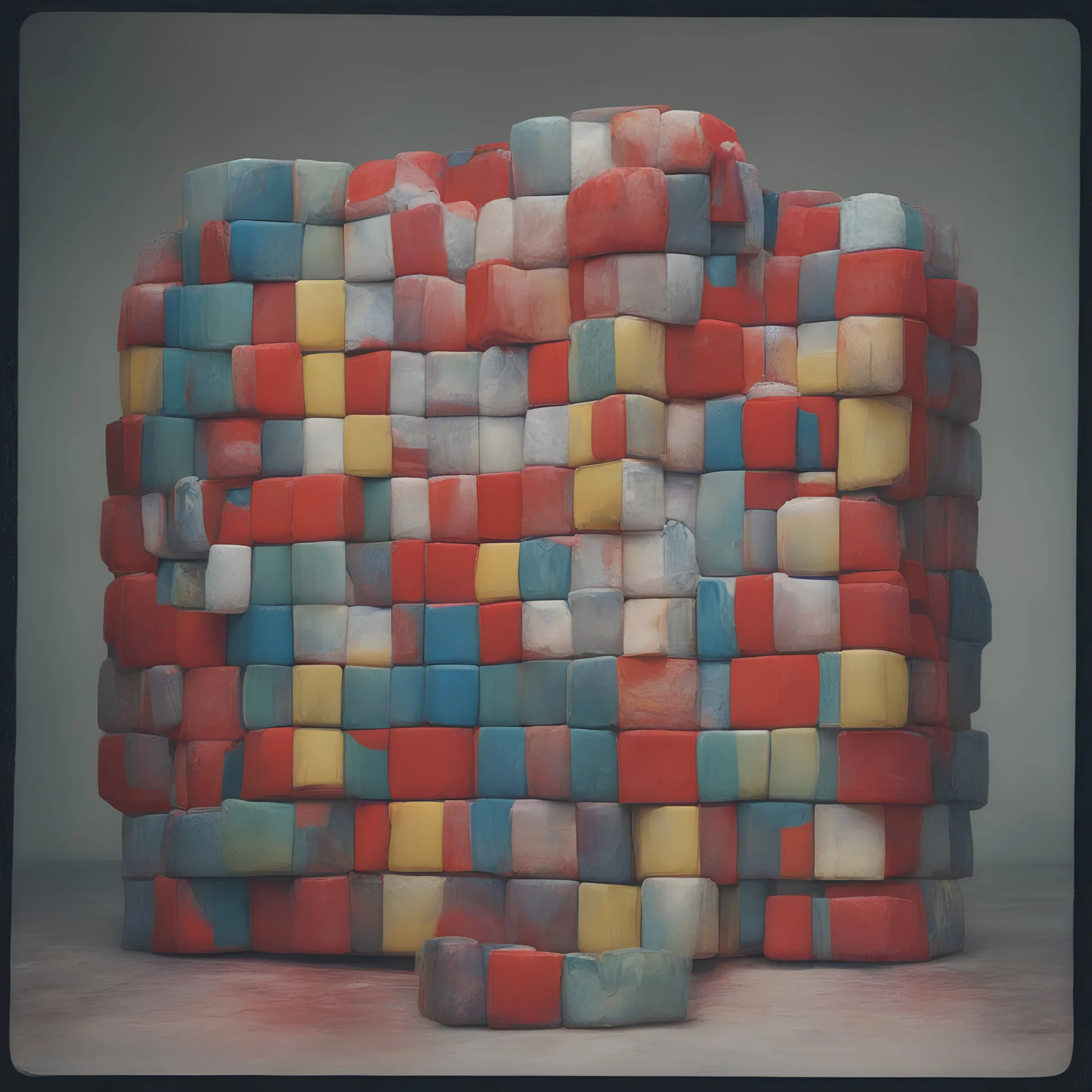 A rubik'scube, red, autochrome, plastic puffy jacket