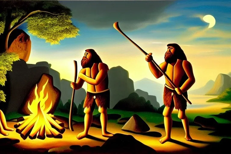 caveman holding a club, cave, cave bear, campfire, stone age, oil painting, masterpiece, mellow, dawn,