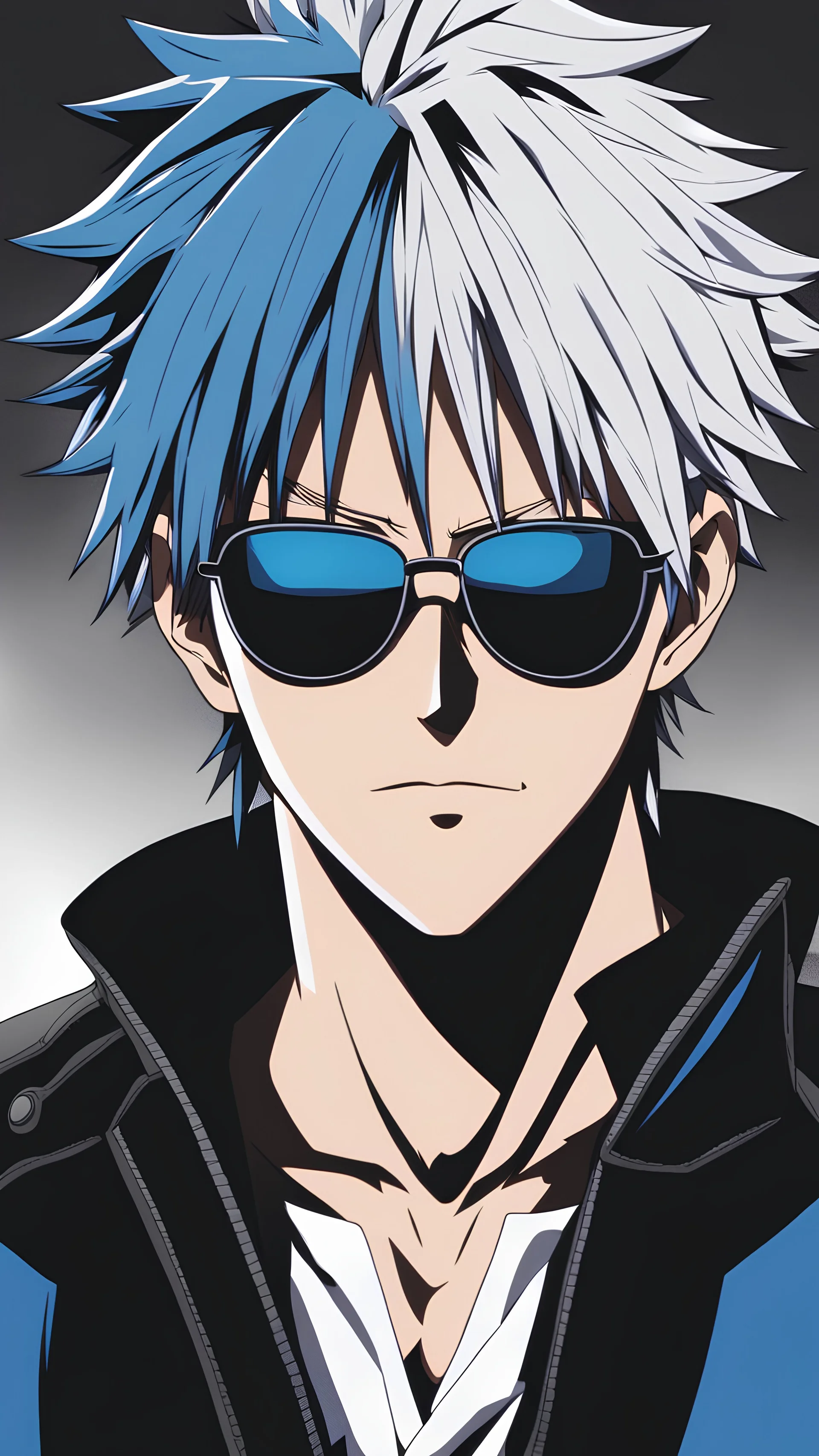 A drawing of Satoru Gojo is a fictional character from Gege Akutami's manga Jujutsu Kaisen. snow-white hair, black attire. the Six Eyes vibrant blue color. covers his eyes with a black blindfold which props up his hair and gives it a spikier appearance. wear sunglasses, hair down to reach the base of his neck. Incredible fantasy kingdom. realistic colors, dreamy colors, dazzling reflected light, fantasy, たろたろ pixiv art, highly detailed, dynamic composition, Aom♡, art by Hiten pixiv