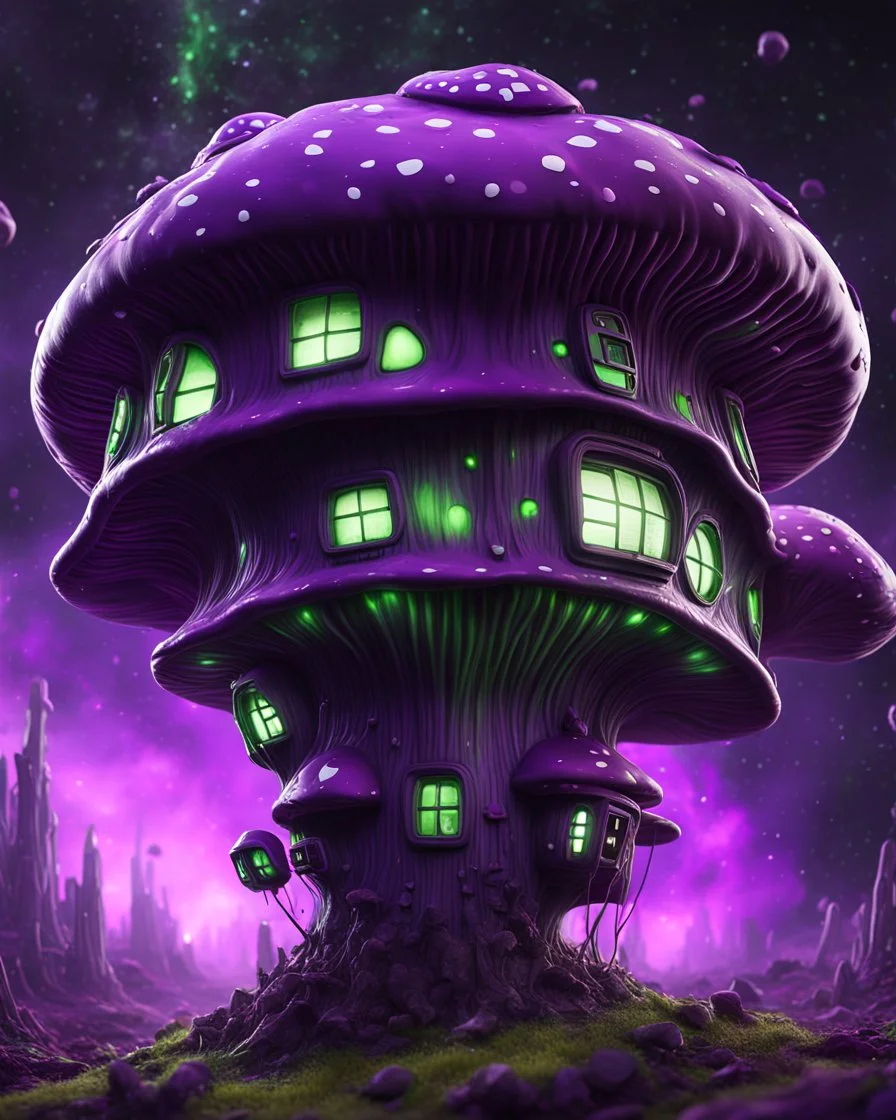 A weird floating mushroom house in galactic space. black purple green and white, Dark cosmic interstellar. Detailed Matte Painting, deep color, fantastical, intricate detail, splash screen, hyperdetailed, insane depth, concept art, 8k resolution, trending on Artstation, Unreal Engine 5, color depth, backlit, splash art, dramatic, High Quality Whimsical Fun Imaginative unusual, good composition