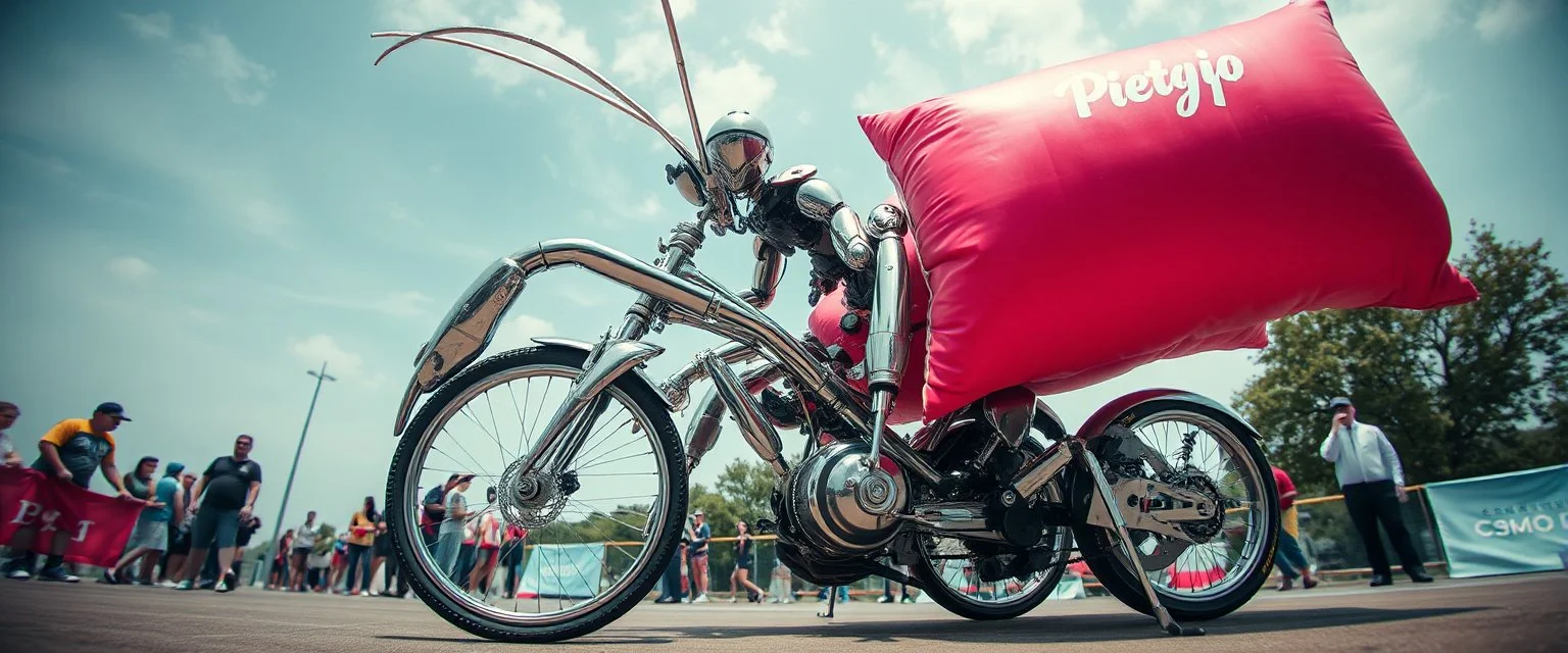 pinhole cam, airbrush 3d rendering, big tics and a cyberpunk robot The chrome Mantis Pillow Fighter, huge mech 🦗🥊 A bizarre upright bicycle-creature, front wheel replaced by articulated mantis-like arms carrying enormous inflatable pillows, looking far too serious about complying with official pillow-fighting regulations.