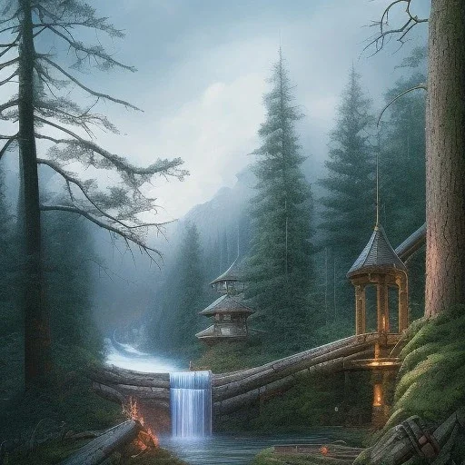 fantasy art, book illustration, sitting by a big log bonfire, in the background the stairs of a dam in the magical forest ,icy water