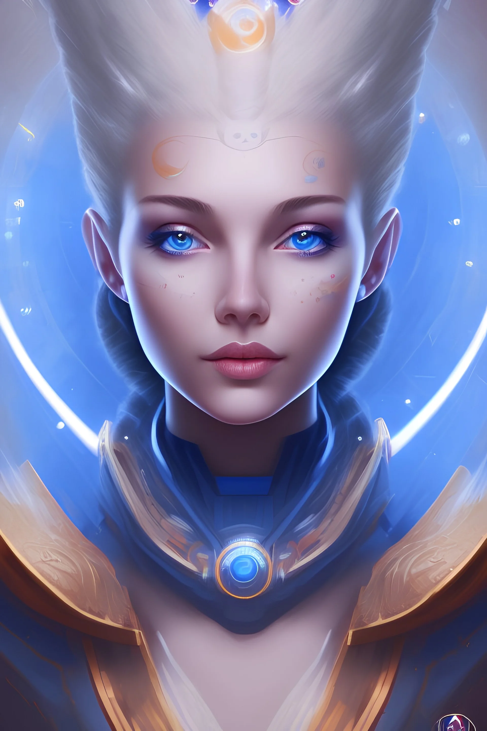 Portrait, young woman cosmic admiral from the future, one fine whole face, large cosmic forehead, crystalline skin , expressive blue eyes, blue hair, smiling lips, very nice smile, costume pleiadian