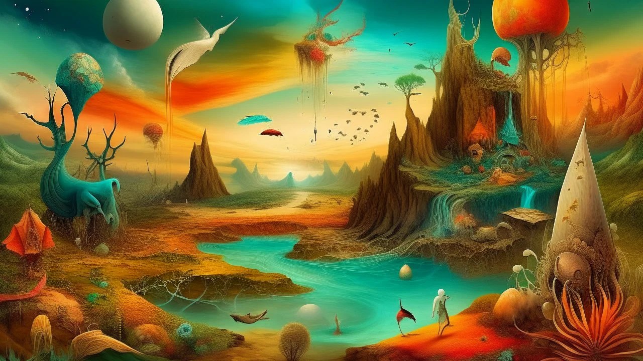 Surreal landscape art, inspired by Salvador Dali and Hieronymus Bosch, hyper-detailed digital painting, with elements of flesh and body parts forming the landscape, intricate textures and lighting, vibrant colors, dreamlike atmosphere.