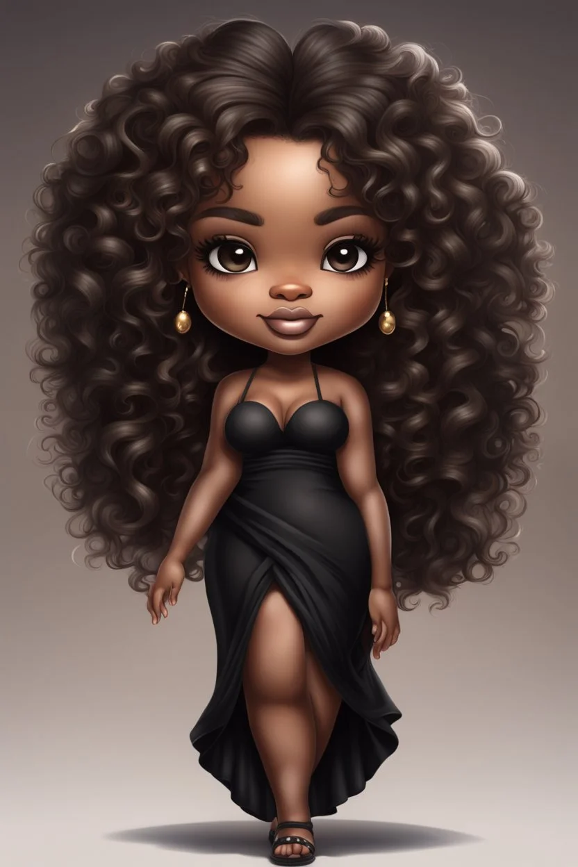 create a digital airbrush image of a chibi curvy black female wearing a black maxi dress and black sandals. Prominent make up with brown eyes. Highly detailed wild tight curly hair.