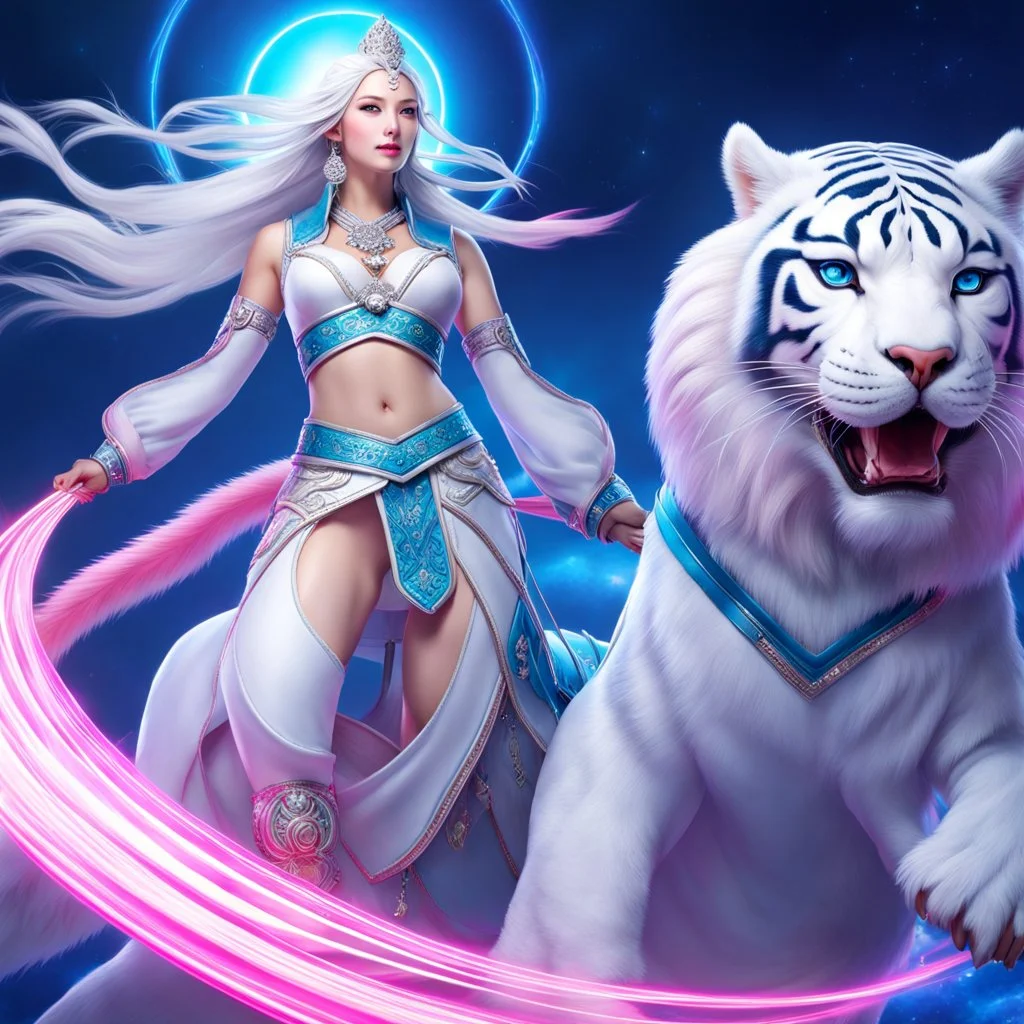 (masterpiece, best quality, 8k, RAW photo, beautiful and aesthetic:1.2), complex detail, Indirect light, photorealistic, (((full body))), 2 Gorgeous Cosmic asian goddess smiling, long white hair, blue eyes, Mixed, sci-fi and traditional asian outfit with pink velvet and white furs, riding a white tiger who is running in a colorfull snowy landscape with bokeh