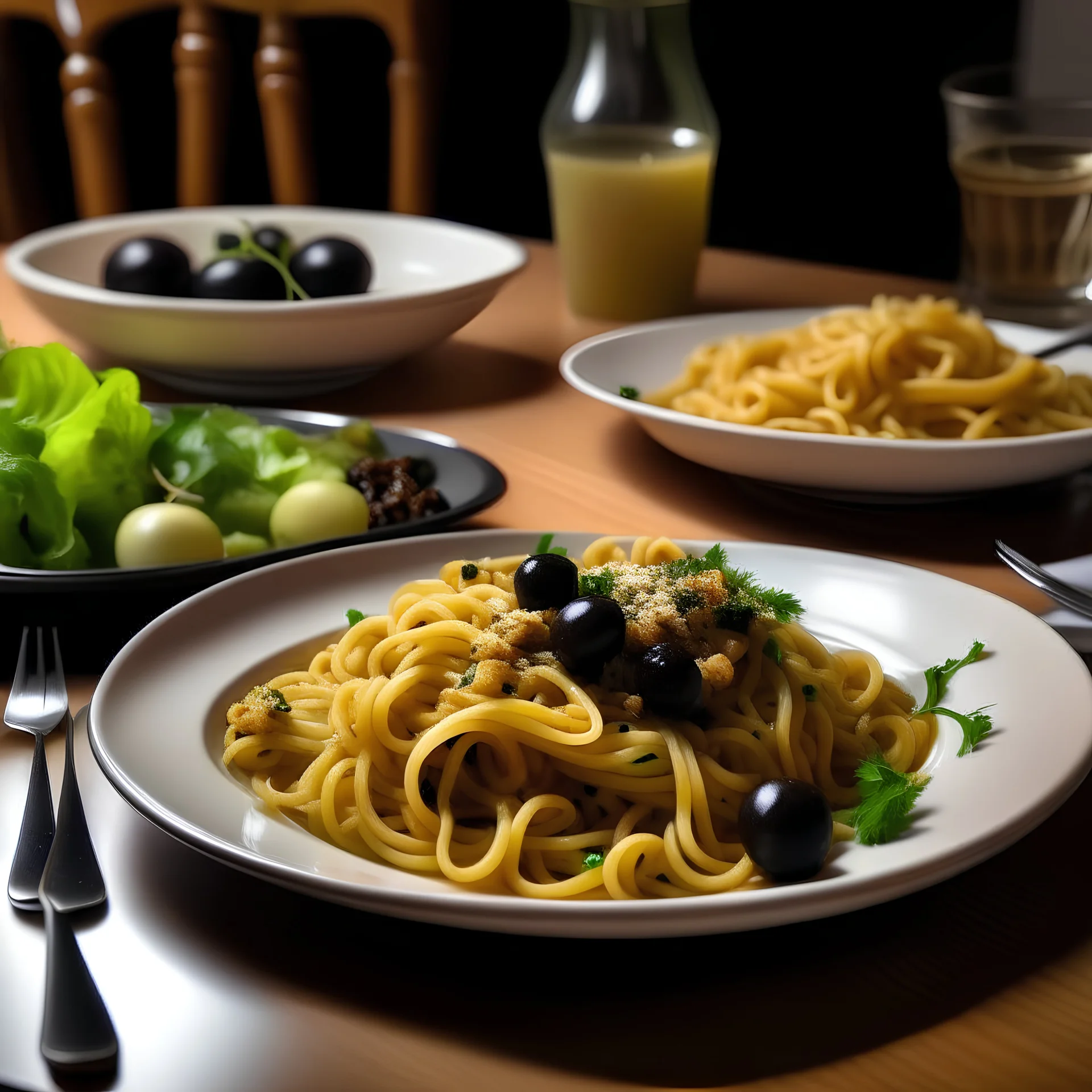 A dining table on which there is fast food pasta with black olives on it and also a plate of green olives