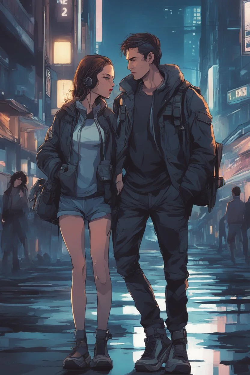 Science fiction, cyberpunk, city street, couple girl and guy, together, love at first sight, summer night, longing looks