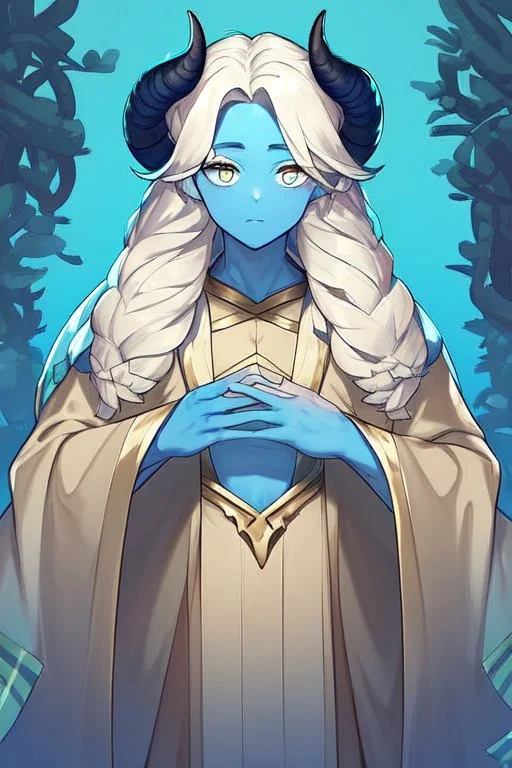 A tieffelin with blue skin and white Dreadlock hair. His pupil-less eyes are green. He wears a small beard. His horns are black and curved backwards. He wears a beige tunic.