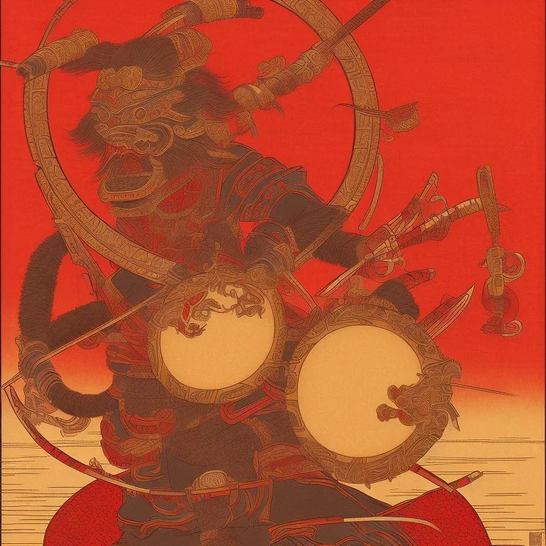 Single human Samurai Japanese Ukiyo-e, red sun in the background