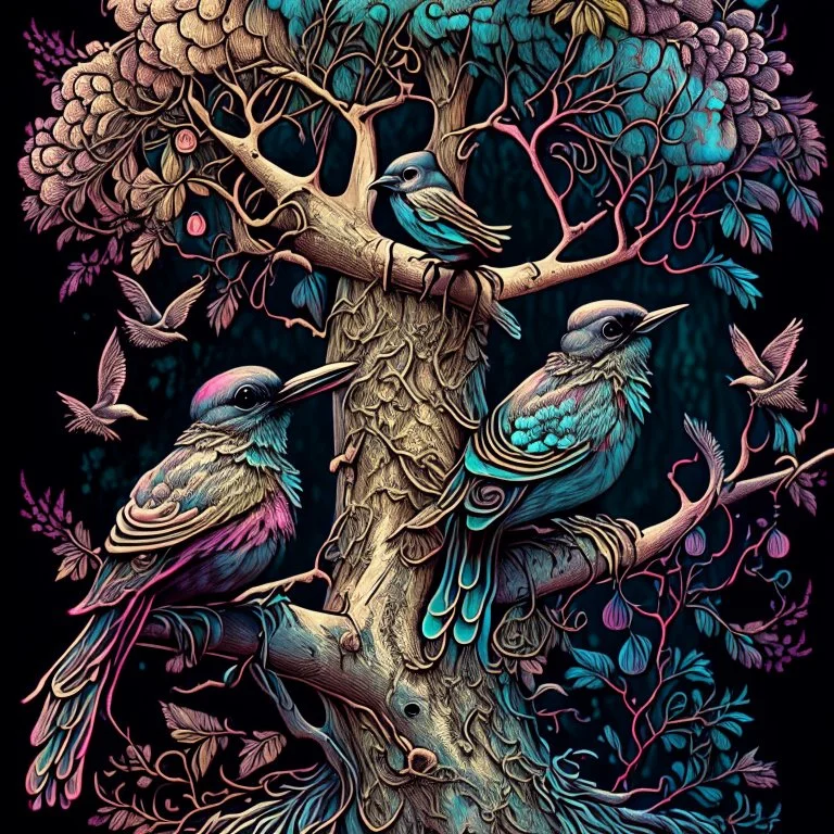 Fantasy birds in a tree, highly detailed, attractive beautiful, 1800’s, surreal, soft moody color splash, ink flowers on the ground Modifiers: digital painting extremely detailed fantasy high definition crisp quality Zentangle Style