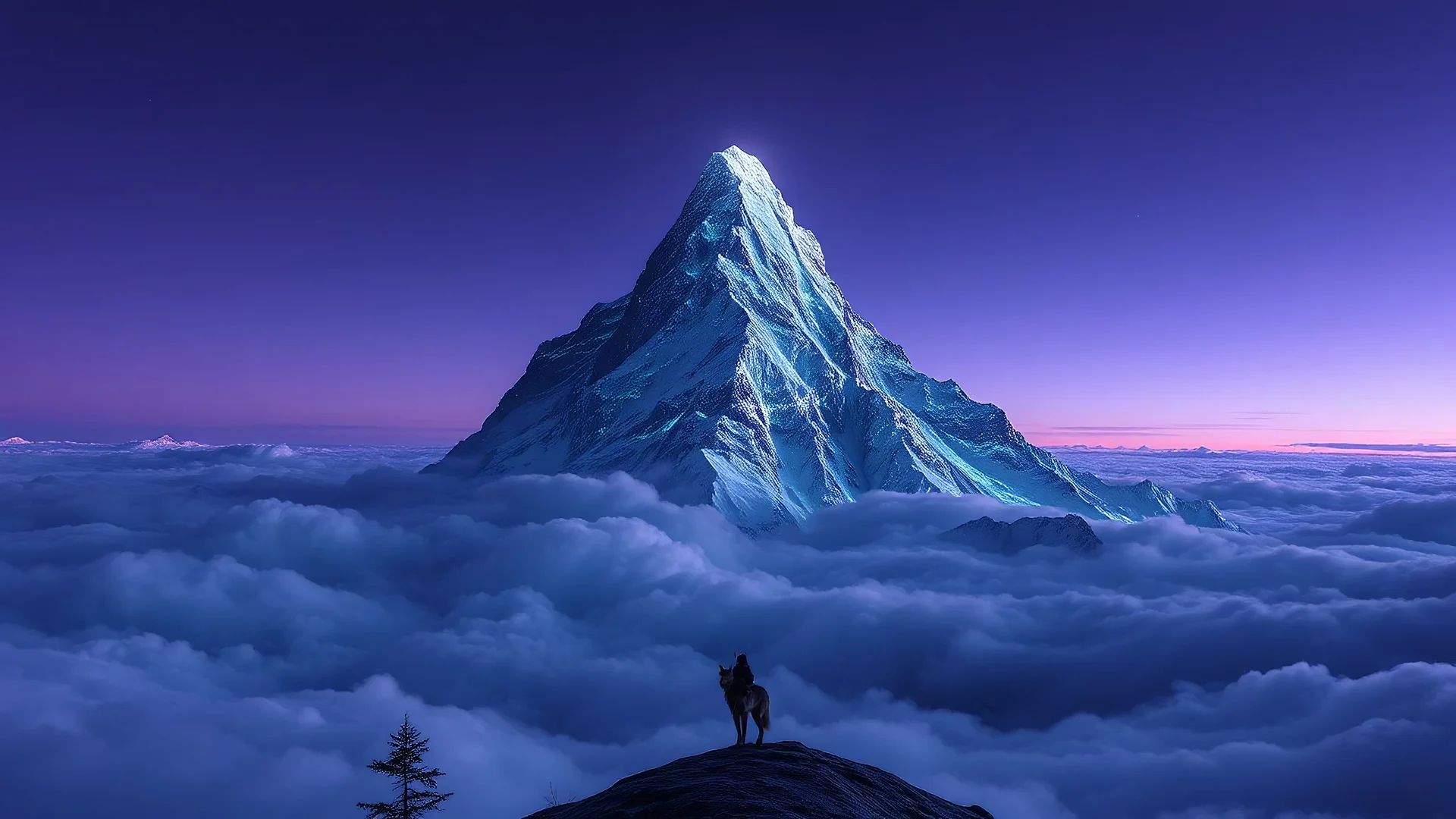 A surreal mountain peak, where the sky is a gradient of deep indigo merging into twilight lavender. The peak itself is a jagged silhouette against the sky, with layers of crystalline ice that glow with an ethereal, almost phosphorescent light. Surrounding the peak, a sea of clouds swirls in iridescent hues of silver and pearl, as if the heavens themselves are pouring down in liquid form. The air is thick with the scent of pine and the distant echo of a lone wolf's howl. In the foreground, a lone