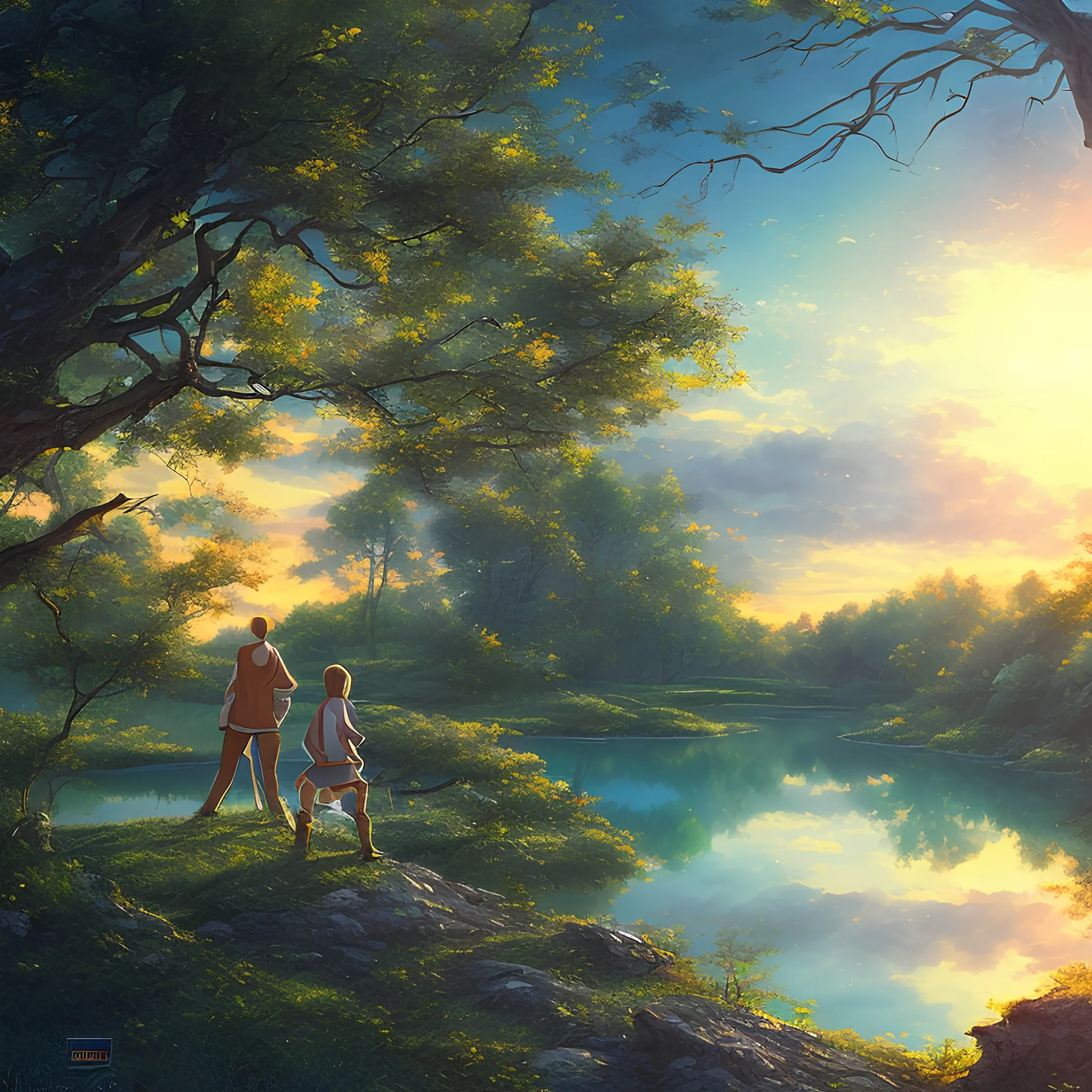 In the anime, a young male character is near the green lake in the sunset afternoon.