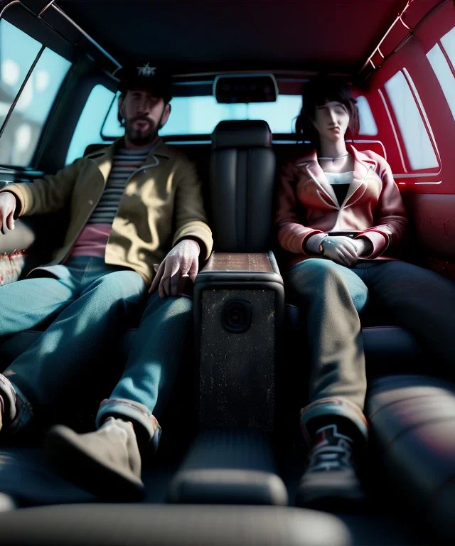 Ultra realistic back seat of limousine image, wide angle view, homeless men and woman, many color balls, grunge clothing, hair, smoke, smile, soft color, highly detailed, unreal engine 5, ray tracing, RTX, lumen lighting, ultra detail, volumetric lighting, 3d, finely drawn, high definition, high resolution.