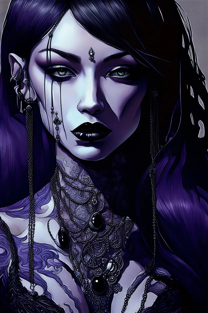 painting of a woman with dark purple-black long hair and black tattoos on her body, a cold, indifferent expression, silver and black onyx jewelry, black lace dress, cybernetics, crepy stunning anthropomorphic female, Minjae Lee vibe, cbybernetic and etheral human, ancient deity, by Vincent Lefevre and Yoshitaka Amano