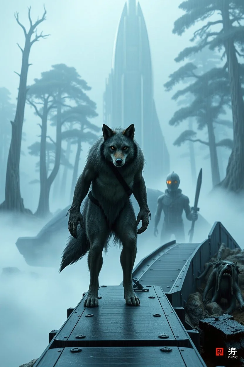 front an anthropomorphic wolf-man standing on spaceship's ramp on alien land and looking at the camera, around big white-blue fog and the spaceship's ruins . His gaze is directed towards the rain-soaked landscape, which is filled with towering trees with massive trunks. In background back him the spaceship and big fog. The atmosphere is a seamless blend of sci-fi and dark fantasy mood