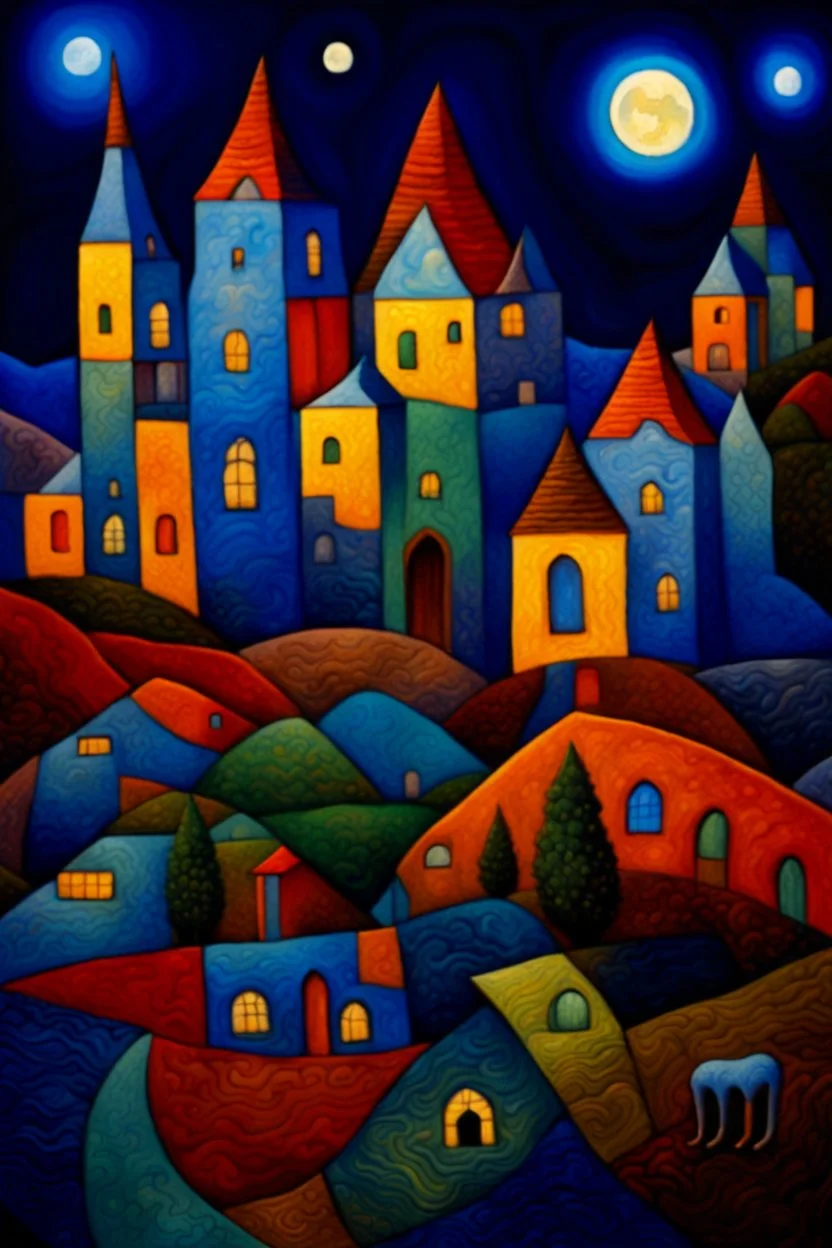 Moonlight patchwork in the style of Raymond Briggs, Laurel Burch, Randolph Caldecott, Picasso. extremely detailed fantasy oil on canvas very attractive imperial colors fantastic view 4K 3D VRay focused Surrealism Tesselated