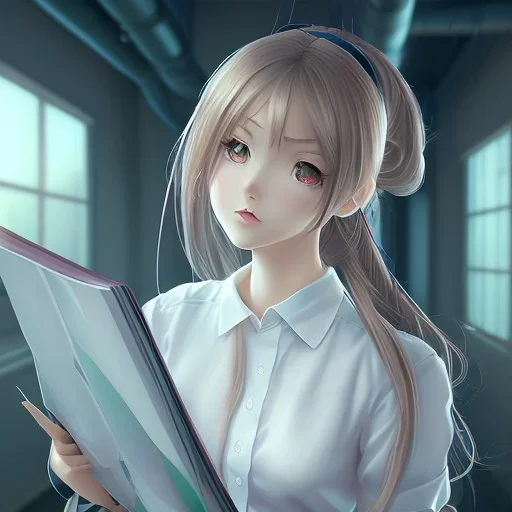 Anime girl studying in room, perfect face, window, nature, anime style, unreal engine 5, studio lighting --ar 2:1