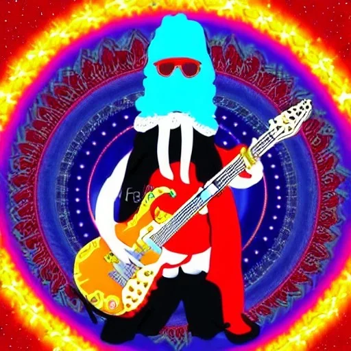 hippie Santa playing electric guitar psychedelic peace sign
