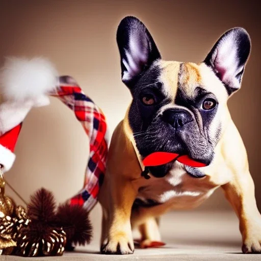 Portrait of a french bulldog with brown fur celebrating new year and christmas