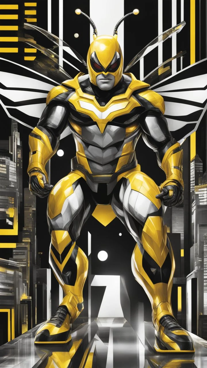 Superhéroe Beeman, ojos de abeja, full body, calidad ultra, hiperdetallado, maximalista, color blanco, negro y amarillo, increíble obra de arte, formas y líneas estilizadas, no alas