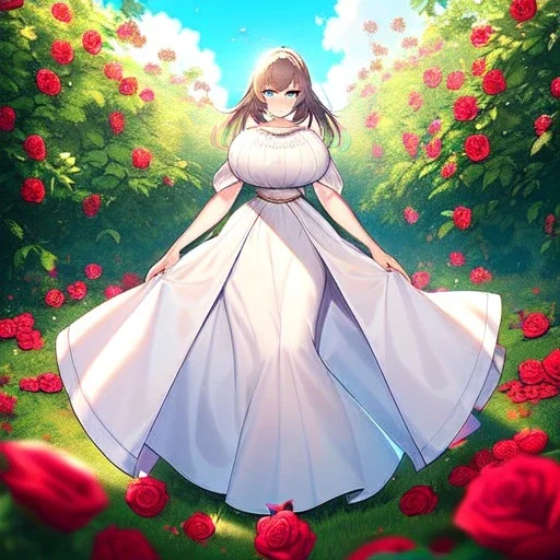 gorgeous anime girl wearing a yellow and white dress ,standing in a meadow of flowers, spreading rose pedals on the ground. beautiful eyes and a stunning smile, blue eyes