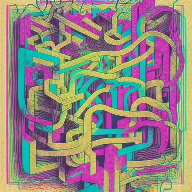 Composition featuring a tangled maze representing the initial curiosity and allure of drugs. postercolour sketch,