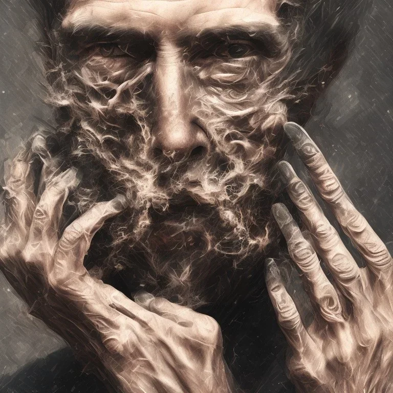 Extremely detailed portrait of a man covering his fading face with multiple hands growing out of his palms, digital painting.