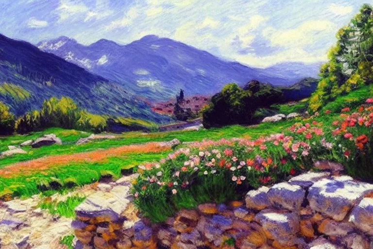 Mountains, sunny day, cloids, stone wall, flowers, pathways, grass, vegetations, distant trees, impressionism painting