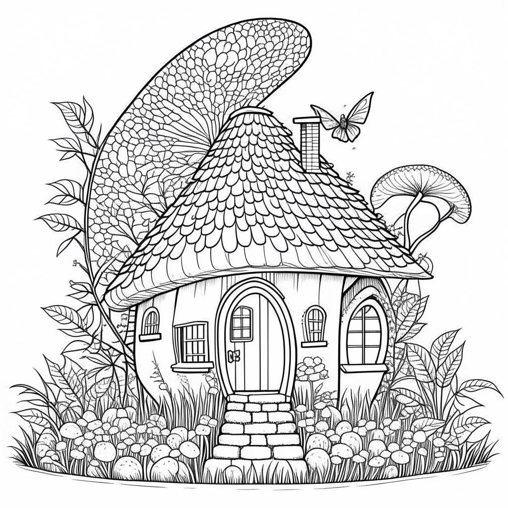 A fairy house Luminous Firefly Lair, coloring page, exact shape, real image, minimal lines, white back ground color, real style, realistic, minimalistic, minimal black line art, line art, crisp line art, unique coloring sheet, outlined, outline, crisp, crisp line edges, illustration, thin lines, crisp clear lines, line art, clean line art, unique, 8k, no colors, no dark color, no black color, avoid thick black, minimalistic line edges, white back ground,