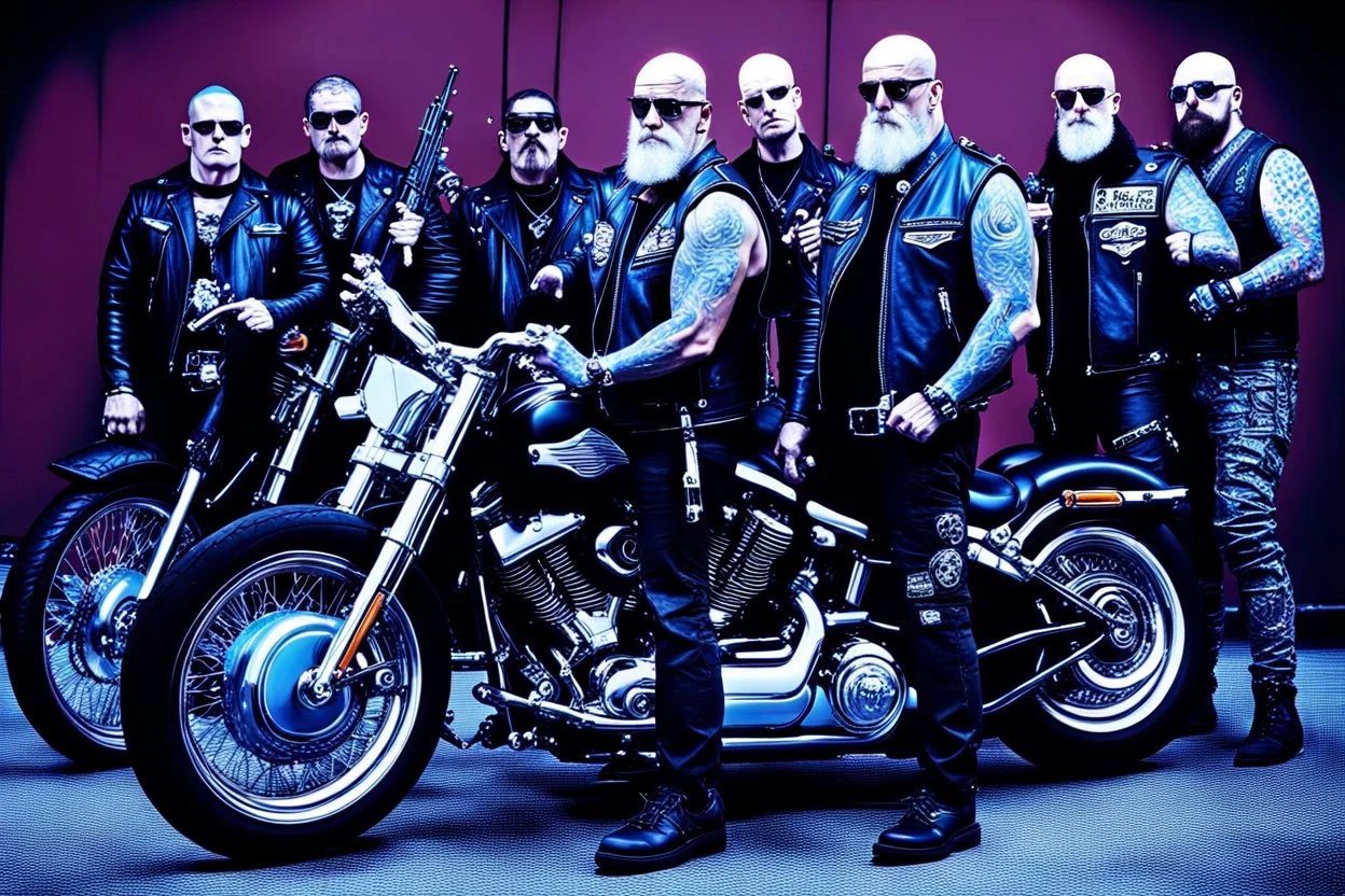 a very hard and tuff motorcycle bald gang, not old, posing with their Harley Davidsson bikes, some of them holding guns and shotguns, a logo sign with Falköpings HD Club, "Fearless sinners" Skulls and bones, skeletons