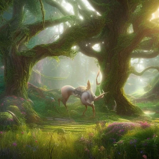 Mythical forest glade, unicorn, fairytale, 8k