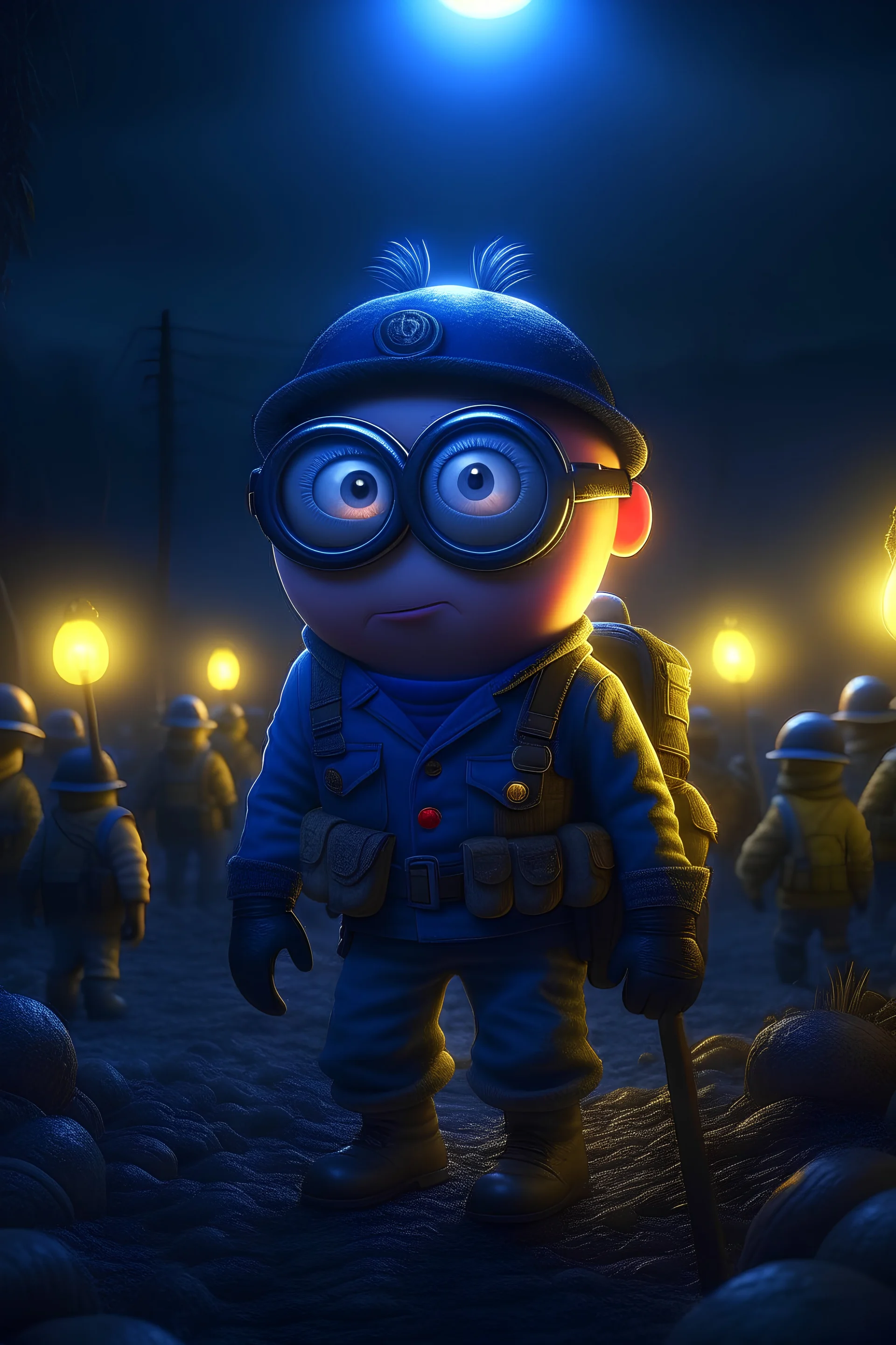 a minion at the frontlines in the army at night with his platoon fighting, slava ukraine, key lighting, soft lights, foggy, by steve haris, by lisa yuskavage, by serov valentin, by tarkosvky, 8 k render, detailed, cute cartoon style, very cute adorable face