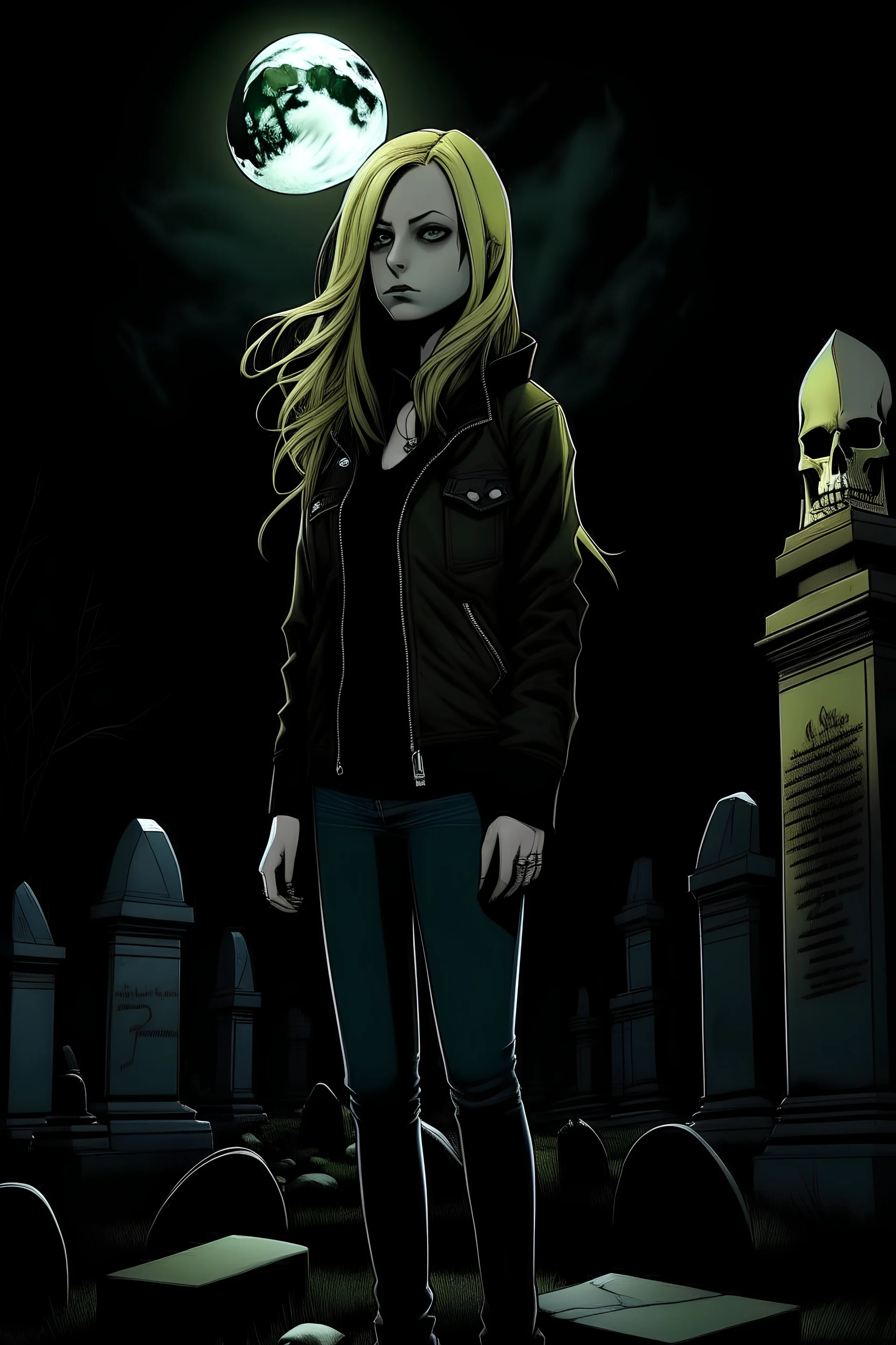 A young girl, golden blonde wavy hair , green eyes, heavy black, eyeliner, black eyeshadow, black lipstick, sharp facial features, (face like a young Nancy Allen) dressed in a black Demin jacket, black jeans, black boots, leaning solemnly against a tall headstone, at night, looking at out at the sky ( hand drawn realistic highly detailed )