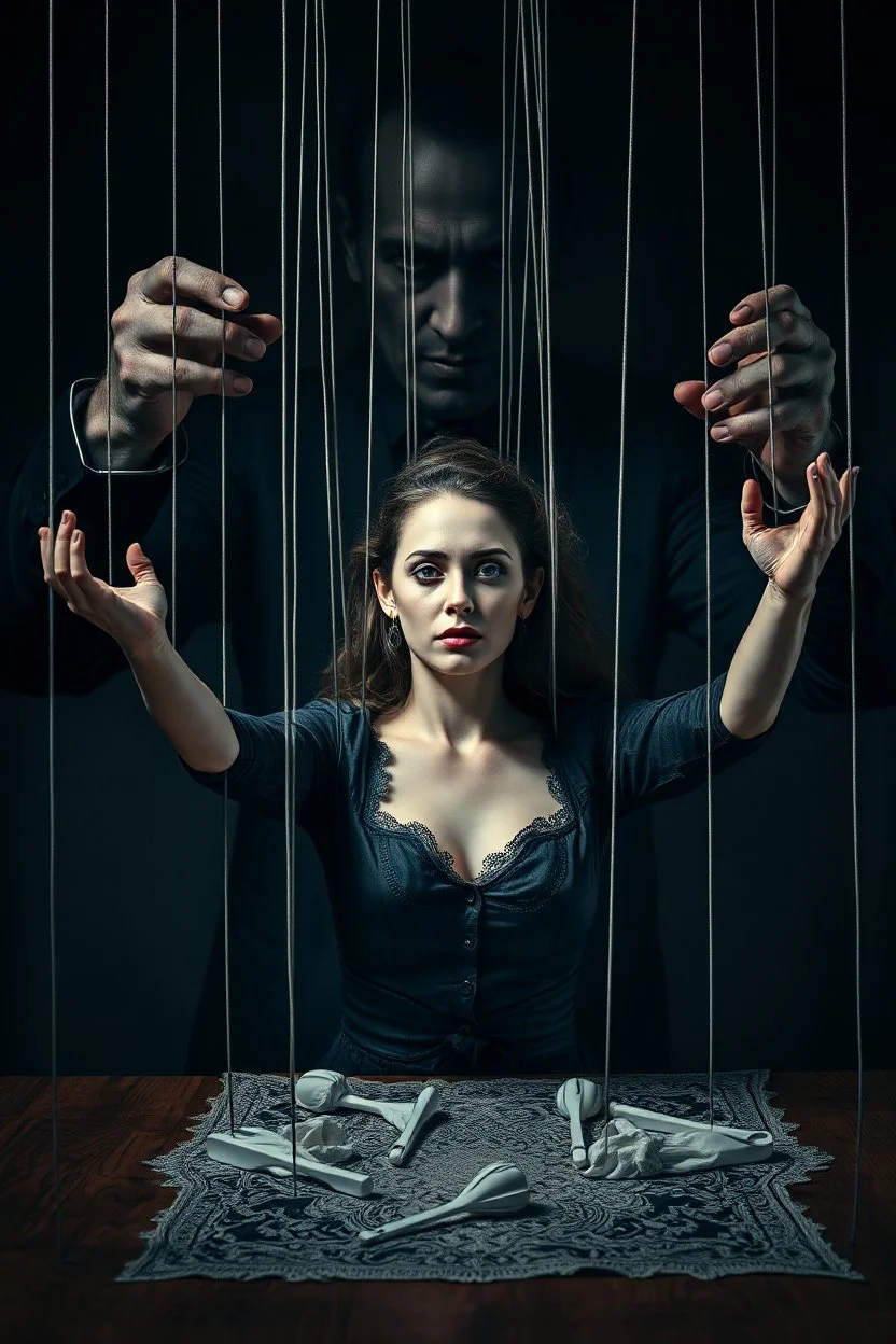 A dramatic digital mage of a woman seated on a table,facing to the front ,she is connected to string like a puppet, arms in air, moved by the strings, puppet like features in the face, beautiful face, behind her also facing the front is the puppet master,is a huge image of a man holding the strings, creepy gothic character,.zoomed in, dark and shadowy background with selective lighting on the woman, gothic and chaotic