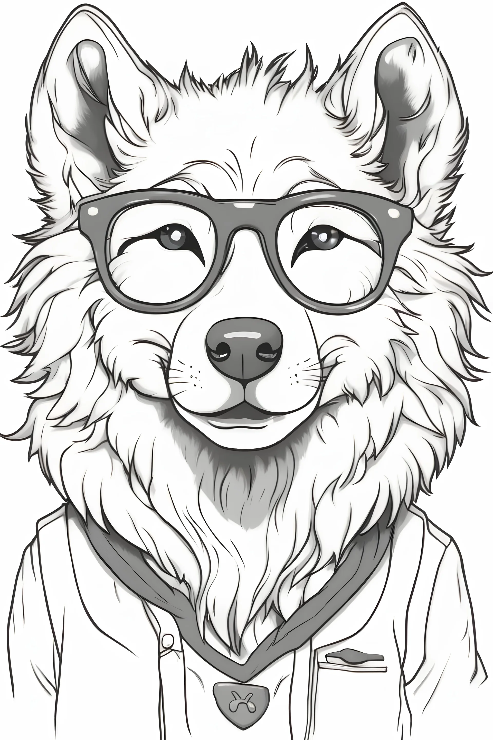 Outline art for cute coloring pages with wolf with glasses, full body, white background, sketch style, only use outline, clean line art, no shadows and clear and well outlined.