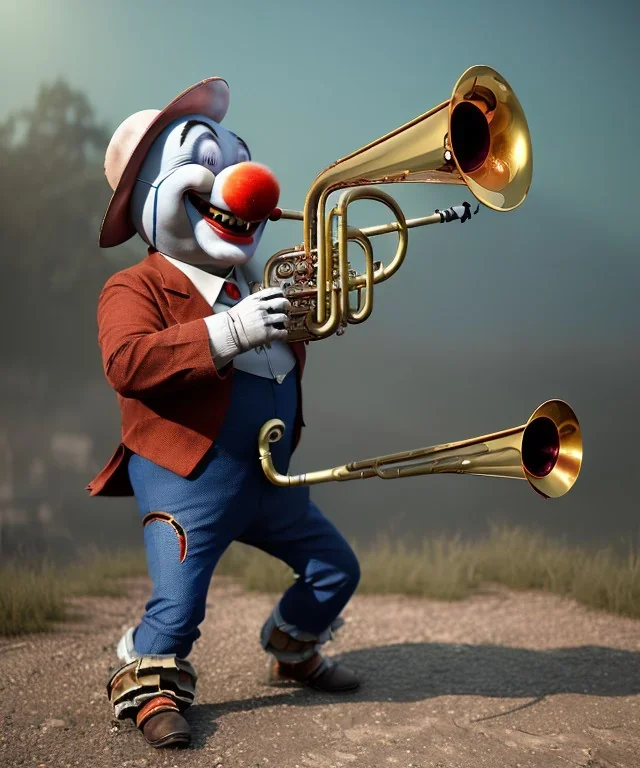 mechanoid happy friendly fat clown playing jazz with a steampunk theme, trumpet, realistic