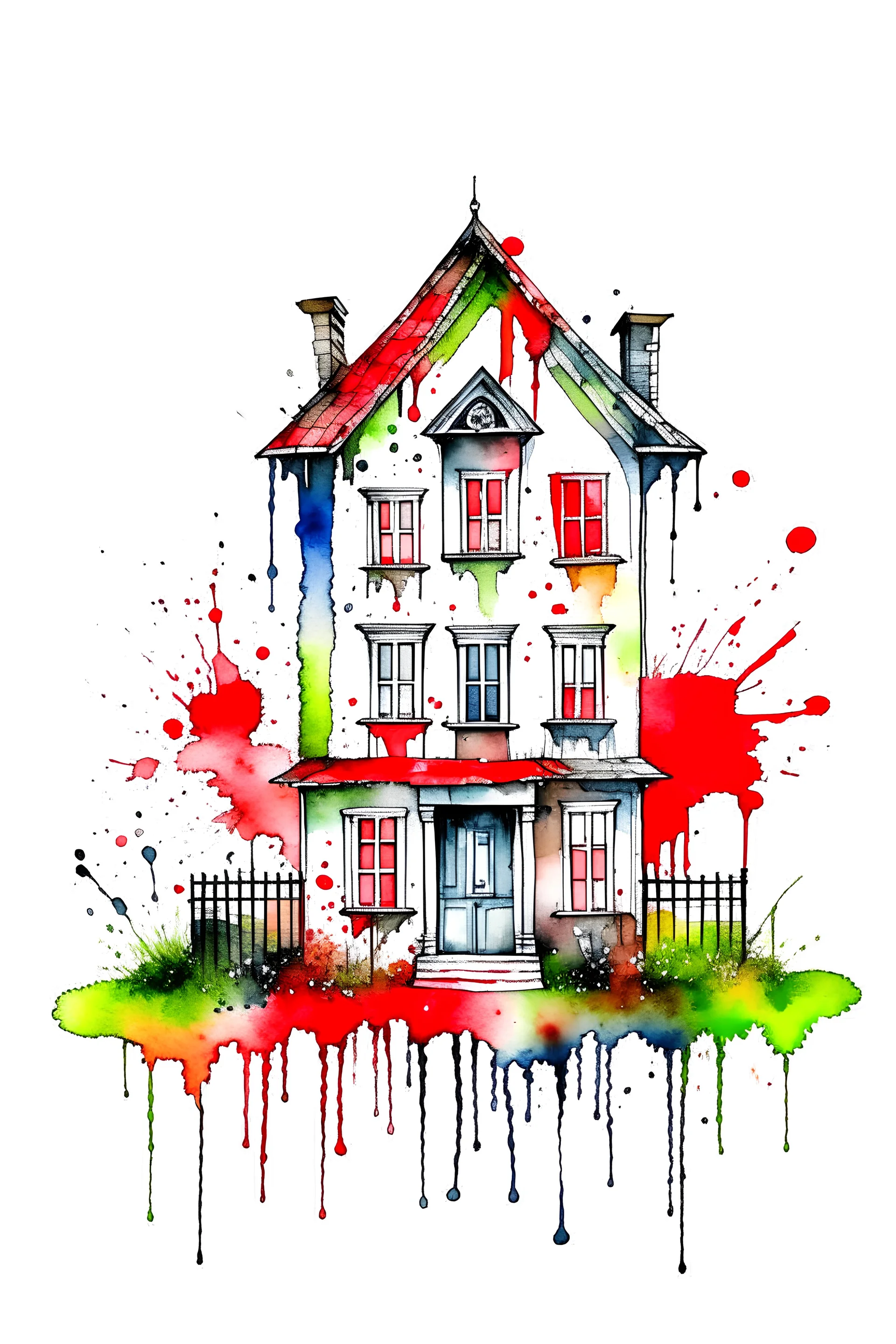 watercolor with splatter sketch of a doll house with transparent background in png format