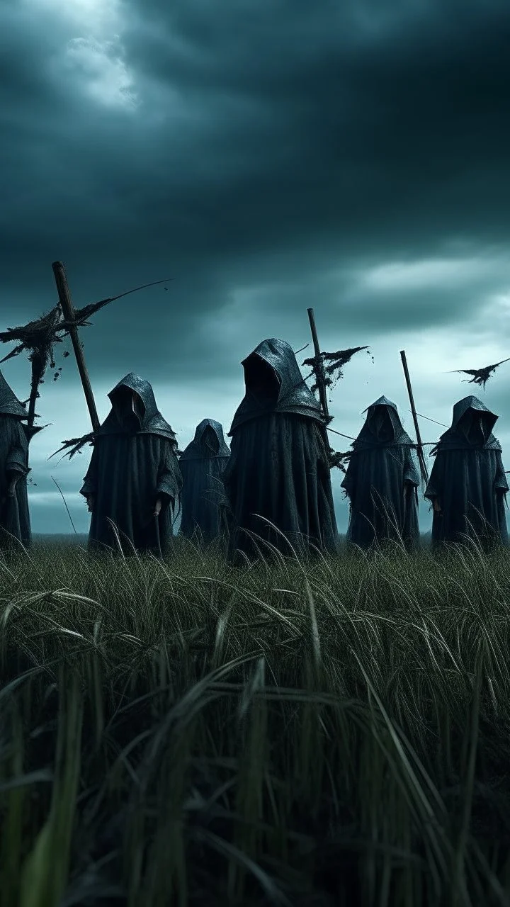 A group of scary large black hooded evils figures with glowing white eyes looking at you in the background and out of this world galaxy in a blue and gray cloud of stormy weather a many sticks fixed ultra hi quality picture with cinematic science, tragedy, a small black birds far in hovering in the horizon in the big field of grass near front view