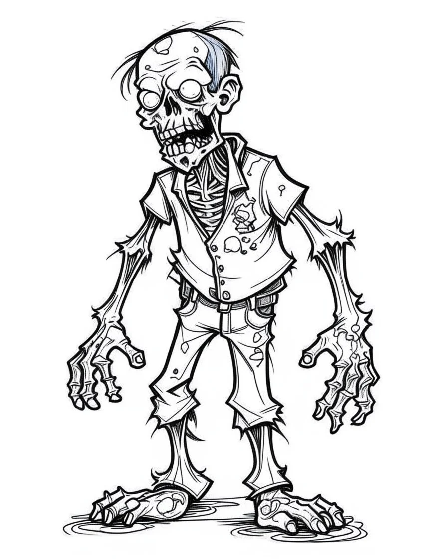 cartoon zombie, coloring image, full body (((((white background))))), only use an outline., real style, line art, white color, clean line art, white background, Sketch style