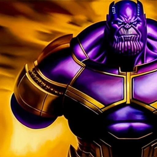 fullbody portrait in oil on canvas of Thanos with Big Golden Hulkbuster armor, intense stare, masterpiece, realistic, intricate detail, sci-fi fantasy style, volumetric lighting, particles, highly detailed ,cinematic , deep colours, 8k, by Kaare Andrews and caravaggio and simon Bisley.