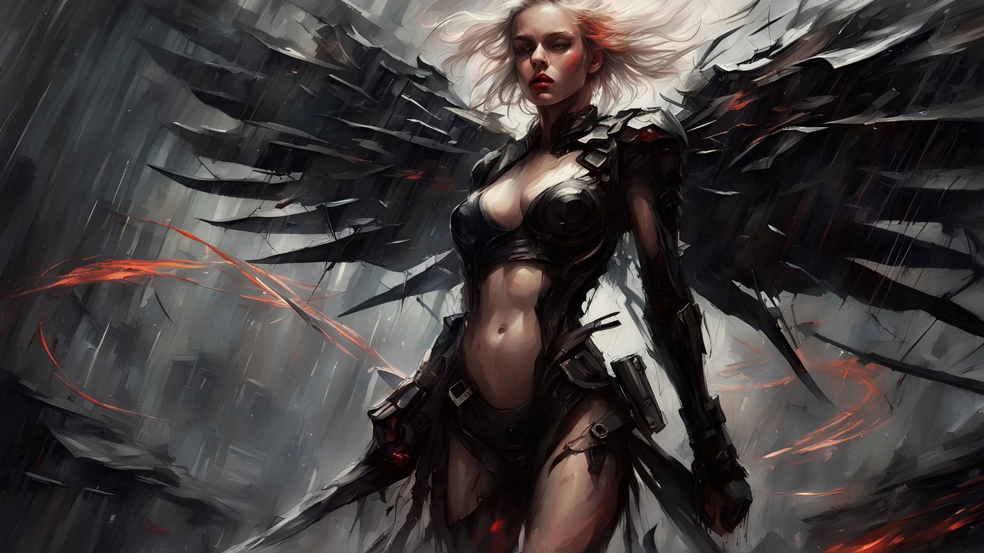 biomechanical women, beautiful, cyberpunk, dusty blonde, short square, large biomechanical black wings, sword, cybernetic, dynamic pose, rain, wind, ashes, flashes of fiery threads, sketch art, fine lines, grunge, sensual, darkness, dark colors, by Raymond Swanland & Alyssa Monks & Anna Razumovskaya