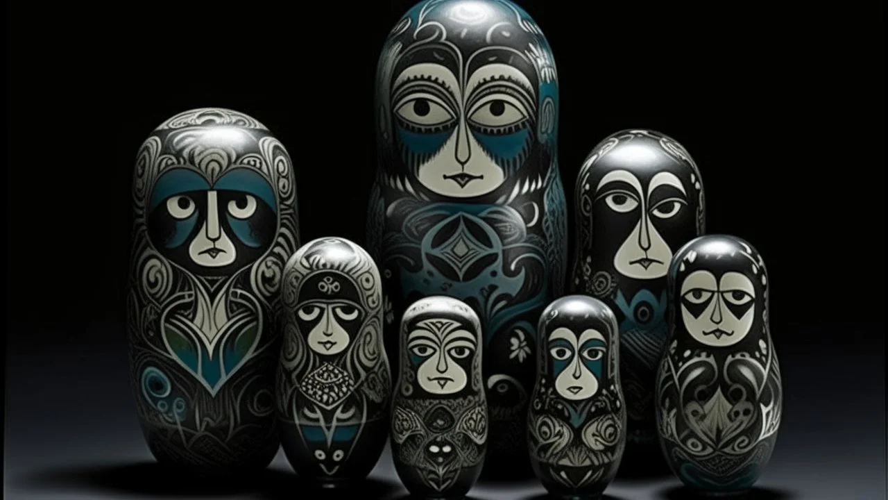A dark bluish black dark isles filled with gloom designed in Matryoshka dolls painted by Pablo Picasso