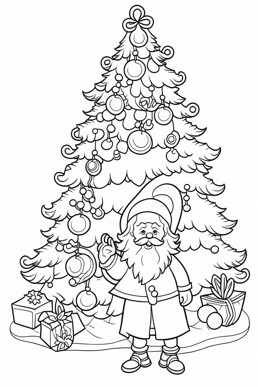 coloring page for kids, cristmas tree with santa , cartoon style, thick outline, low details, no shading, no color