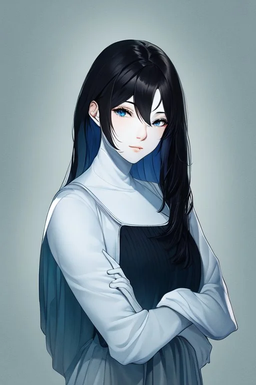 generate a realistic image of a skinny girl with white skin blue eyes and black hair