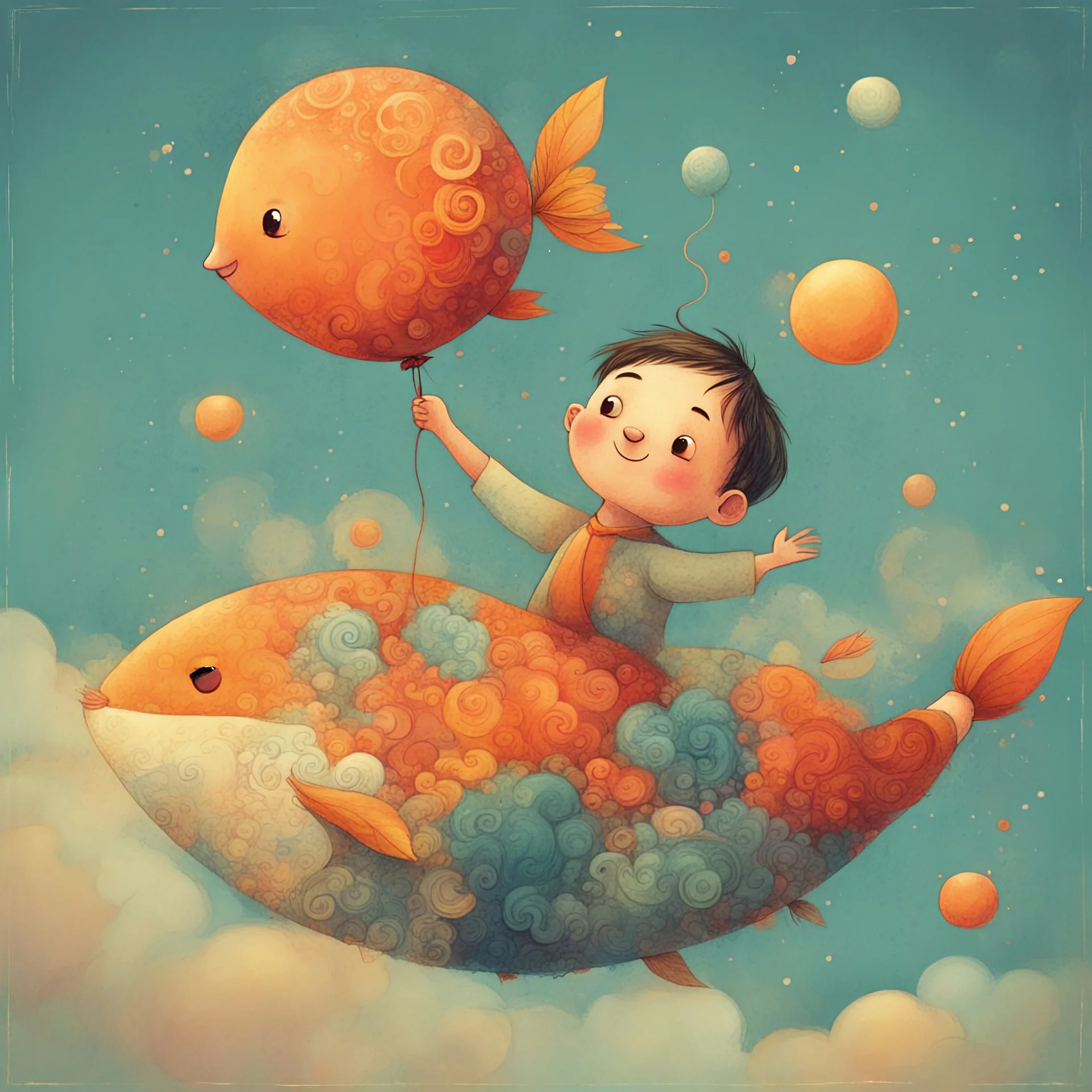 Charming stylized characters. Large heads, big expressive eyes, small, delicate features. Done in the playful and minimalist style of modern children’s book illustration. Diffused outlines, misty, dream-like quality. Colors are warm and subdued illustrating a cheerful demeanor. With a touch of quirkiness. Show me a cute young kid with a balloon in the shape of a big fractal-decoration-covered fish standing on s little planet floating in a sky painted with stars, suns and planets like ones one wo