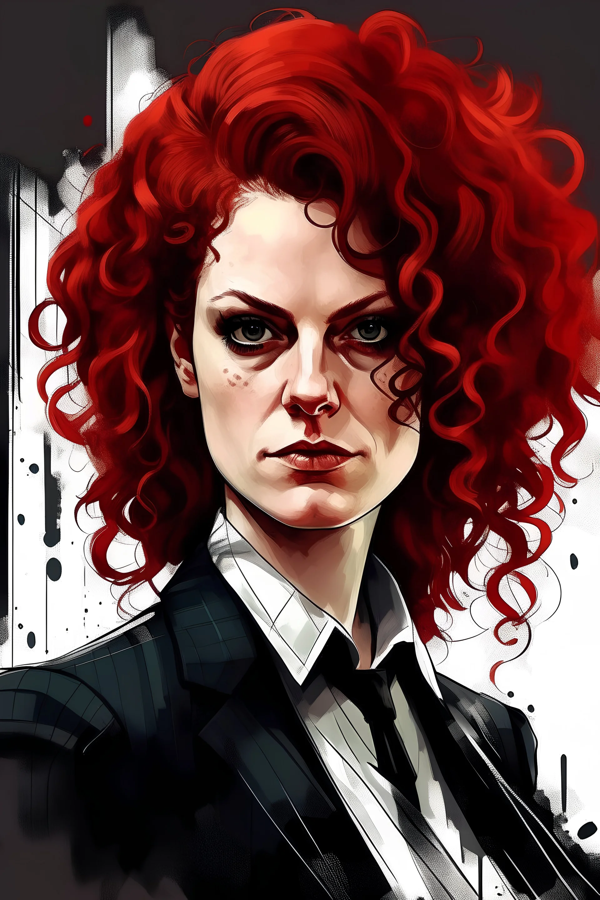 crime city, female portrait, mob boss, curly red hair