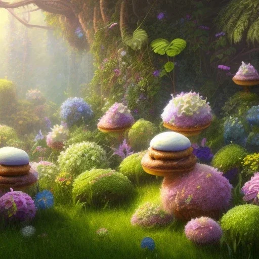 pixar style, volumetric summer garden environment and background, realistic painting of muffins, looking excited, volumetric lighting, dramatic lighting, detailed digital painting, extreme dense and fine fur, anime, ornate, colour-washed colors, elegant, small minutiae, tiny features, particulars, centered, smooth, sharp focus, renderman gofur render, 8k, uhd, detailed eyes, realistic shaded volumetric lighting, sunlight caustics, backlight, centered camera view